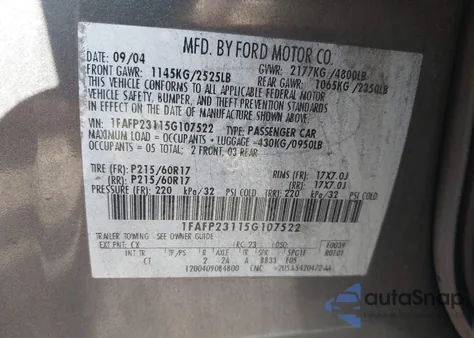 2005 Ford Five Hundred Se from USA, damaged, VIN 1FAFP23115G107522